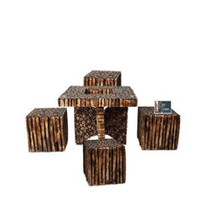 Wooden Antique Square Shaped Coffee Table With 4 Stool - WoodenTwist