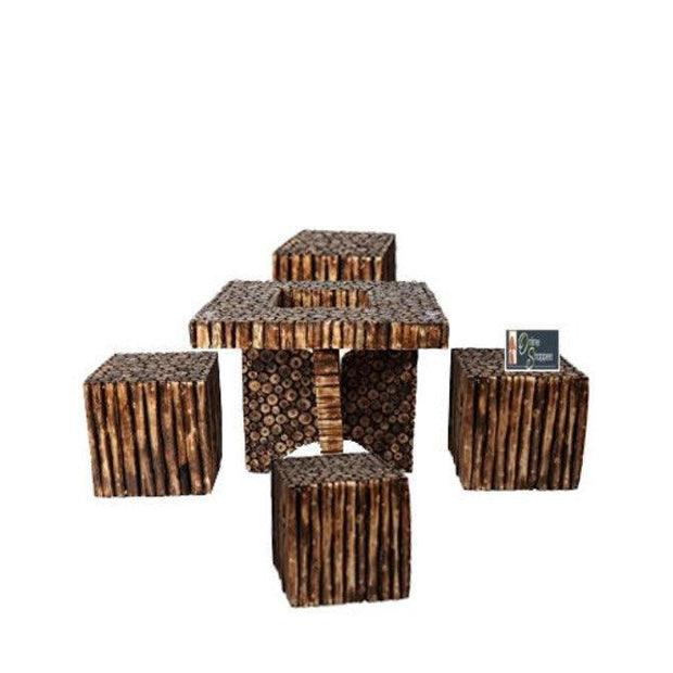 Wooden Antique Square Shaped Coffee Table With 4 Stool - WoodenTwist