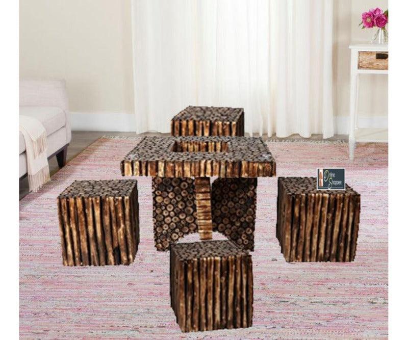 Wooden Antique Square Shaped Coffee Table With 4 Stool - WoodenTwist