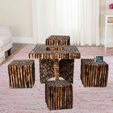 Wooden Antique Square Shaped Coffee Table With 4 Stool - WoodenTwist