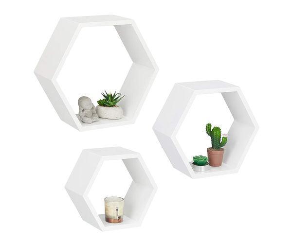 Hexagonal Shape Wooden Floating Wall Shelves Set of 3 in White - WoodenTwist
