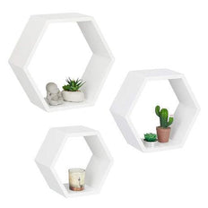 Hexagonal Shape Wooden Floating Wall Shelves Set of 3 in White - WoodenTwist