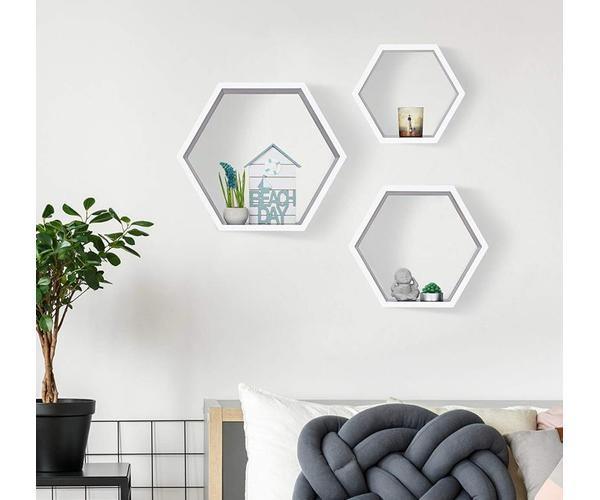 White Hexagonal Wooden Floating Wall Shelves Set of 3 on wall - WoodenTwist