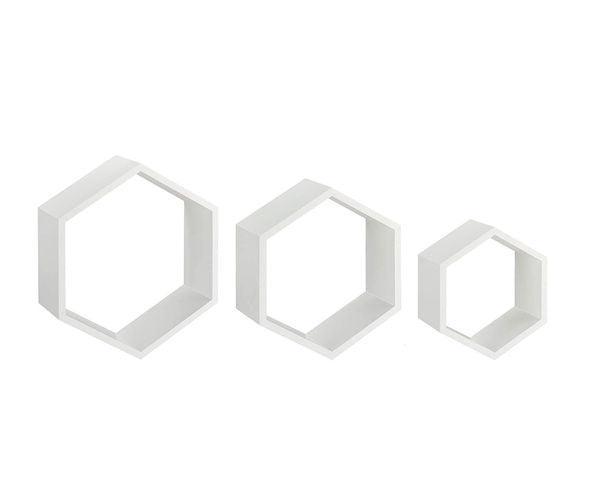 White Hexagonal Floating Wall Shelves Set of 3 with decor - WoodenTwist