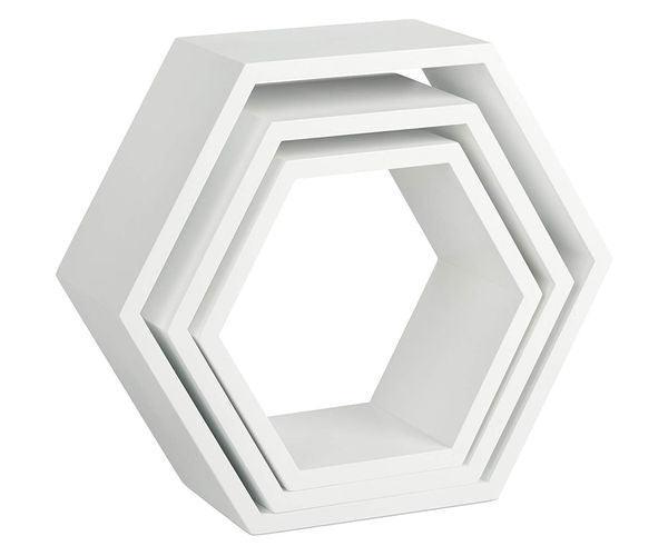 Hexagonal Floating Wall Shelves Set of 3 White honeycomb layout - WoodenTwist