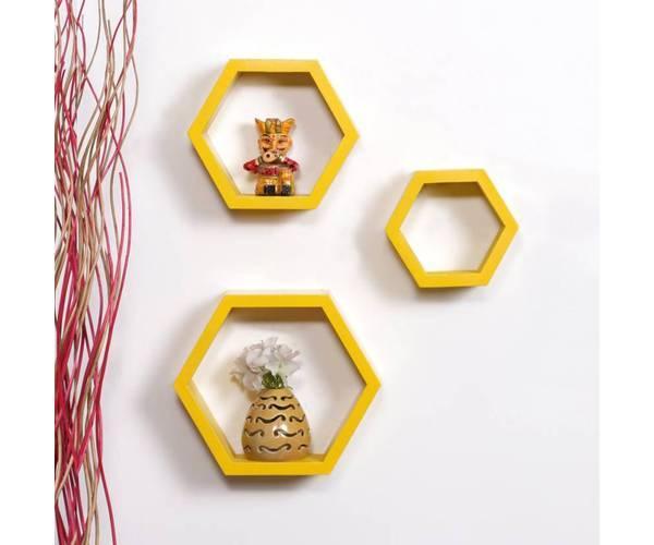 Hexagonal Shape Wooden Floating Wall Shelves Set of 3 - WoodenTwist