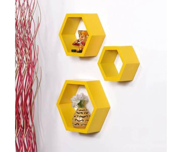 Hexagonal Wooden Floating Wall Shelves Set of 3 close-up view - WoodenTwist