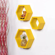 Hexagonal Wooden Floating Wall Shelves Set of 3 close-up view - WoodenTwist