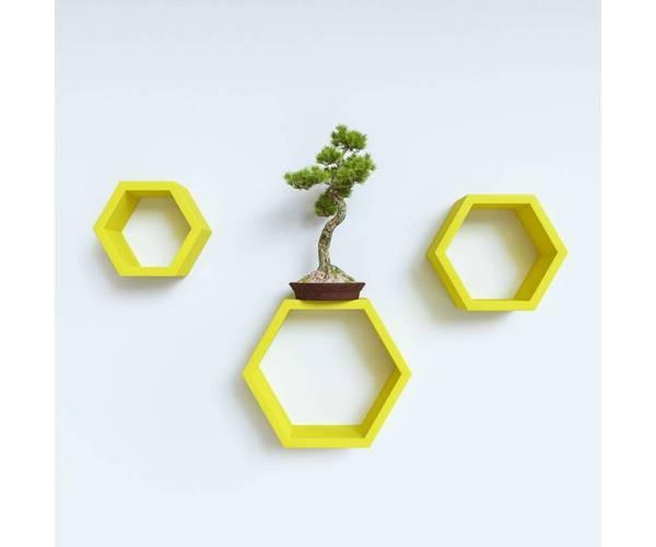 Decorative Hexagonal Wooden Floating Wall Shelves Set of 3 with decor - WoodenTwist