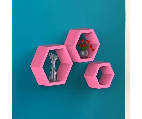 Hexagonal Shape Wooden Floating Wall Shelves Set of 3 - WoodenTwist