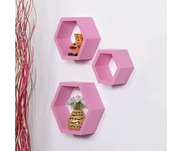 Hexagonal Shape Wooden Floating Wall Shelves Set of 3 - WoodenTwist