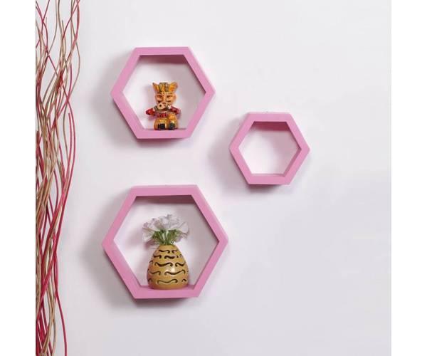 Hexagonal Shape Wooden Floating Wall Shelves Set of 3 - WoodenTwist