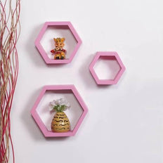 Hexagonal Shape Wooden Floating Wall Shelves Set of 3 - WoodenTwist