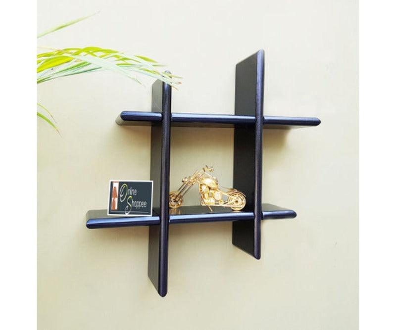 Criss Cross Floating Wall Shelf mounted on a living room wall