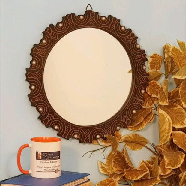 Wooden Antique With Handicraft Work Fancy Design Mirror - WoodenTwist