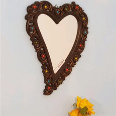 Antique Wooden Decorative Mirror with Handicraft Work Frame in brown - WoodenTwist