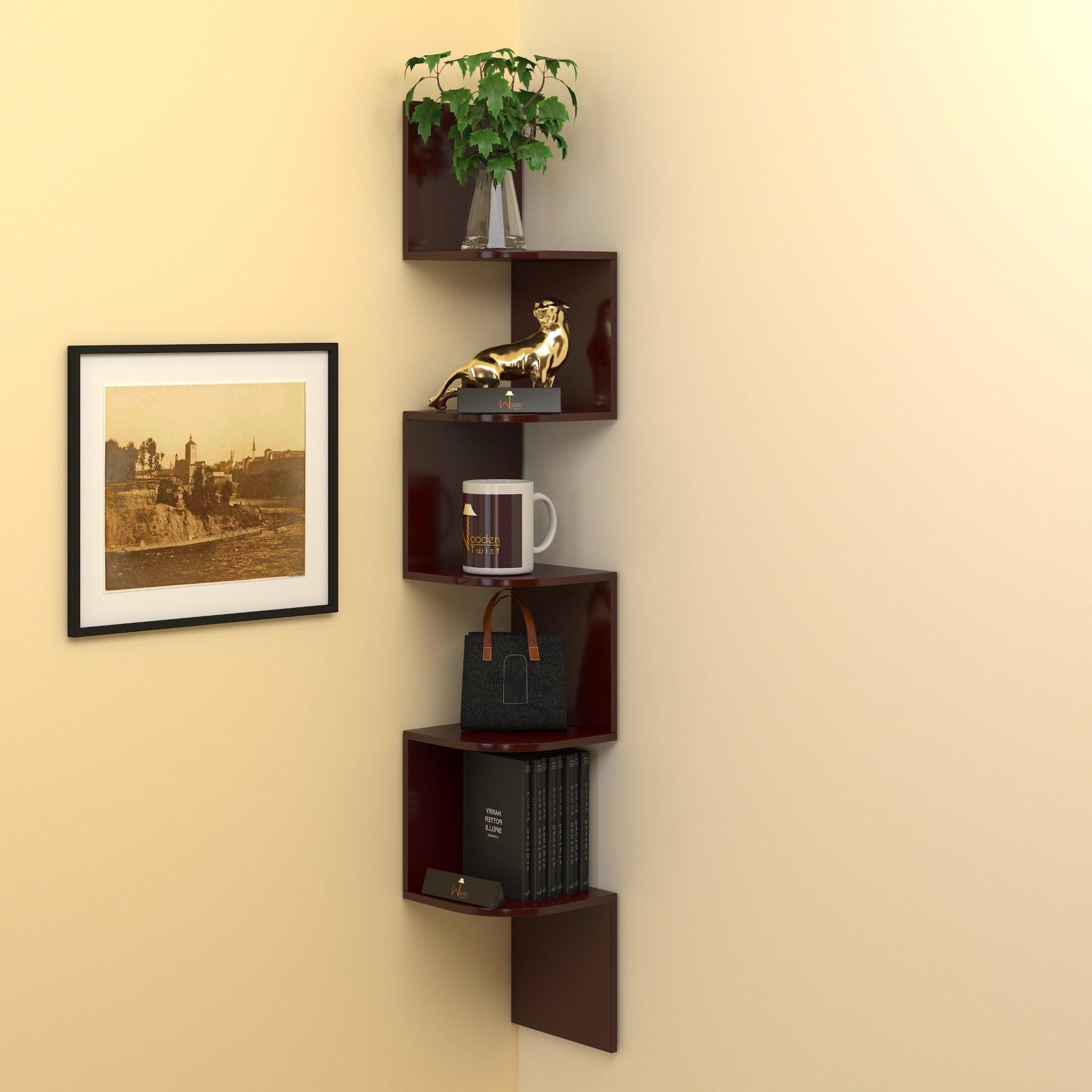 Wooden Fancy Zigzag Wall Mount Floating Corner Wall Shelf - WoodenTwist