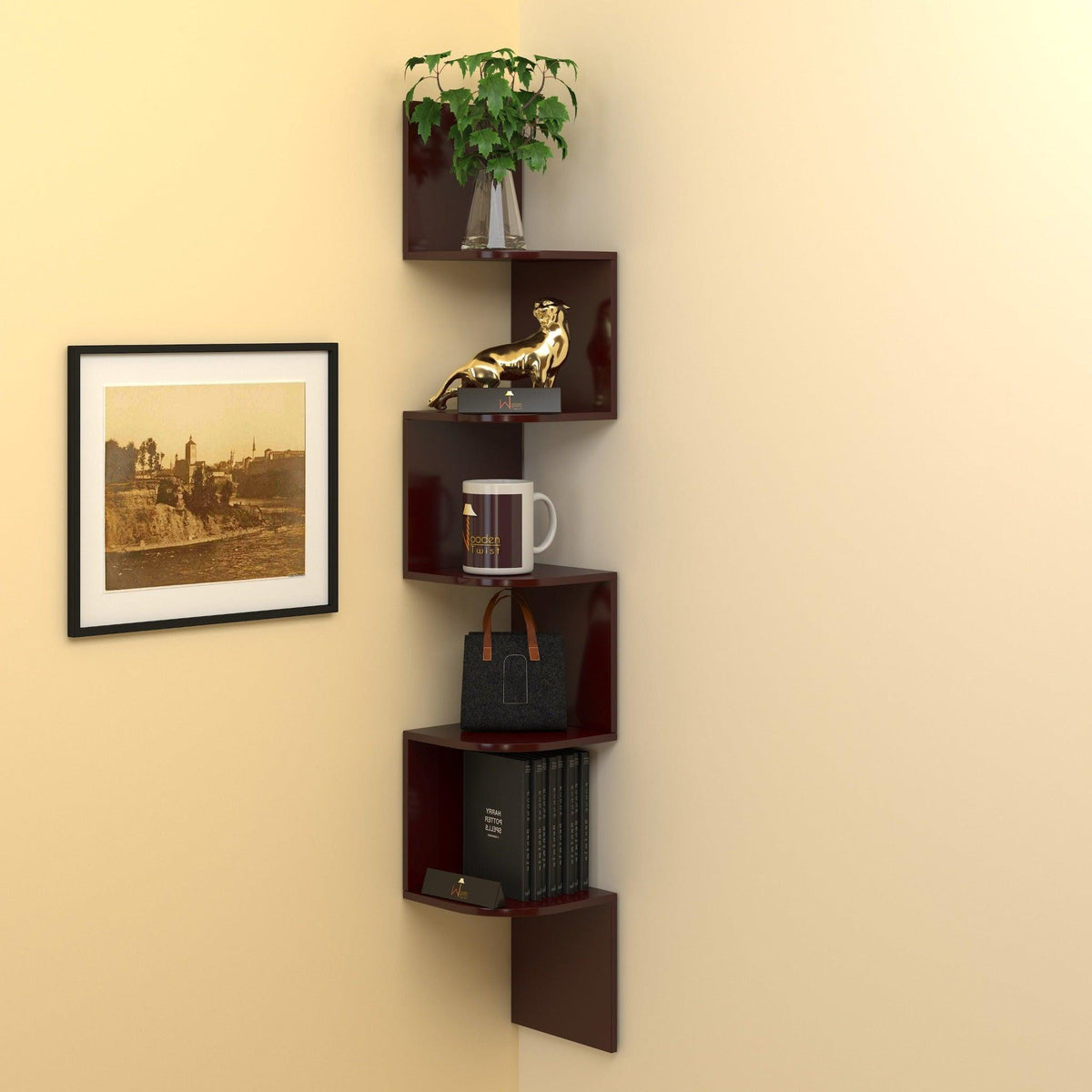 Wooden Fancy Zigzag Wall Mount Floating Corner Wall Shelf - WoodenTwist