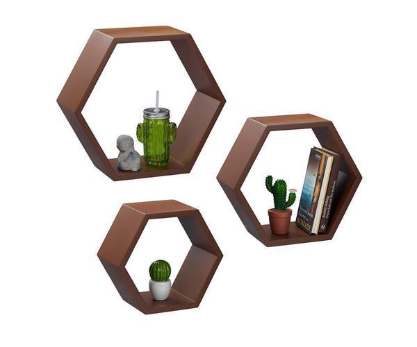 Hexagonal Shape Wooden Floating Wall Shelves Set of 3 - WoodenTwist