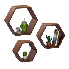 Hexagonal Shape Wooden Floating Wall Shelves Set of 3 - WoodenTwist