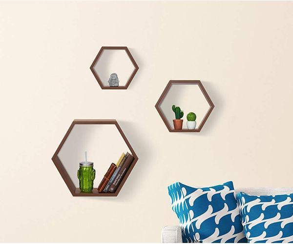 Hexagonal Shape Wooden Floating Wall Shelves Set of 3 - WoodenTwist