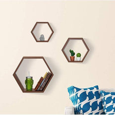 Hexagonal Shape Wooden Floating Wall Shelves Set of 3 - WoodenTwist