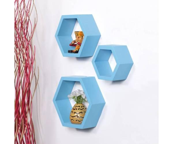 Hexagonal Shape Wooden Floating Wall Shelves Set of 3 - WoodenTwist