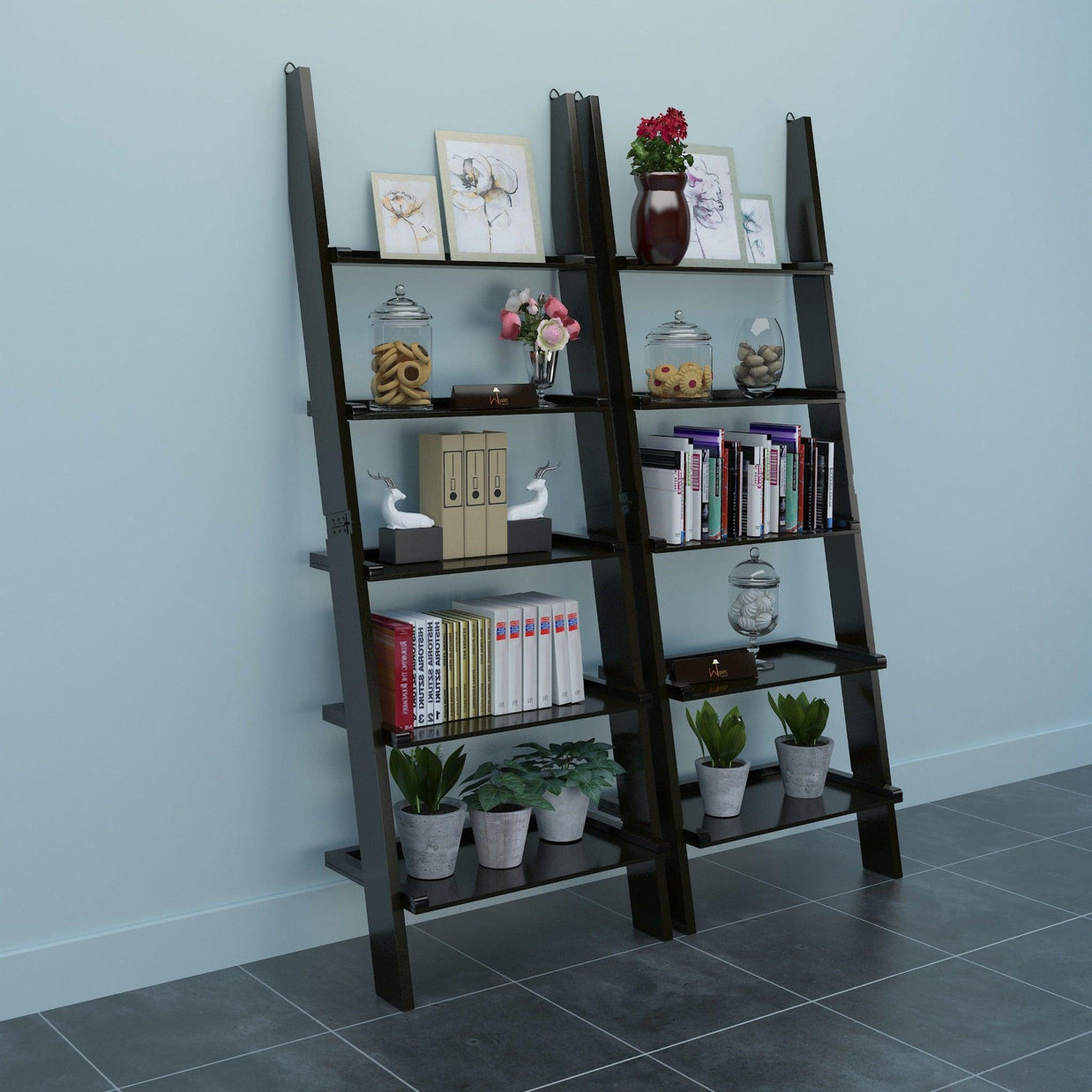 Leaning bookcase ladder room organizer with 5 shelves