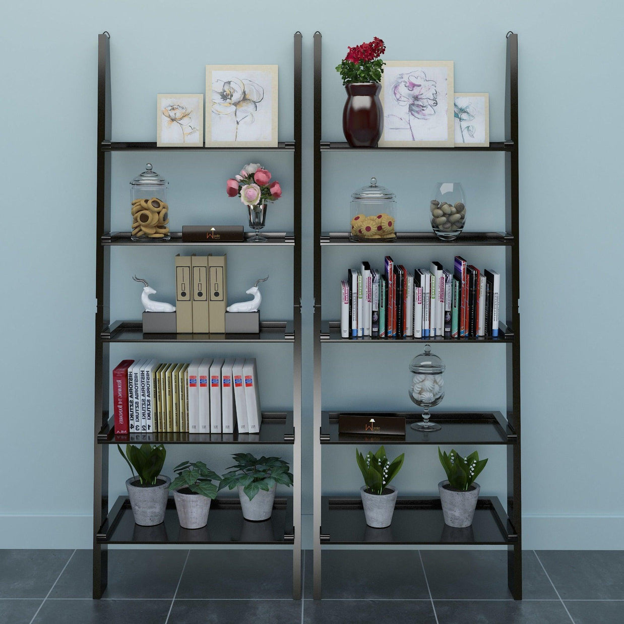 Leaning ladder bookshelf set of 2 in engineered wood