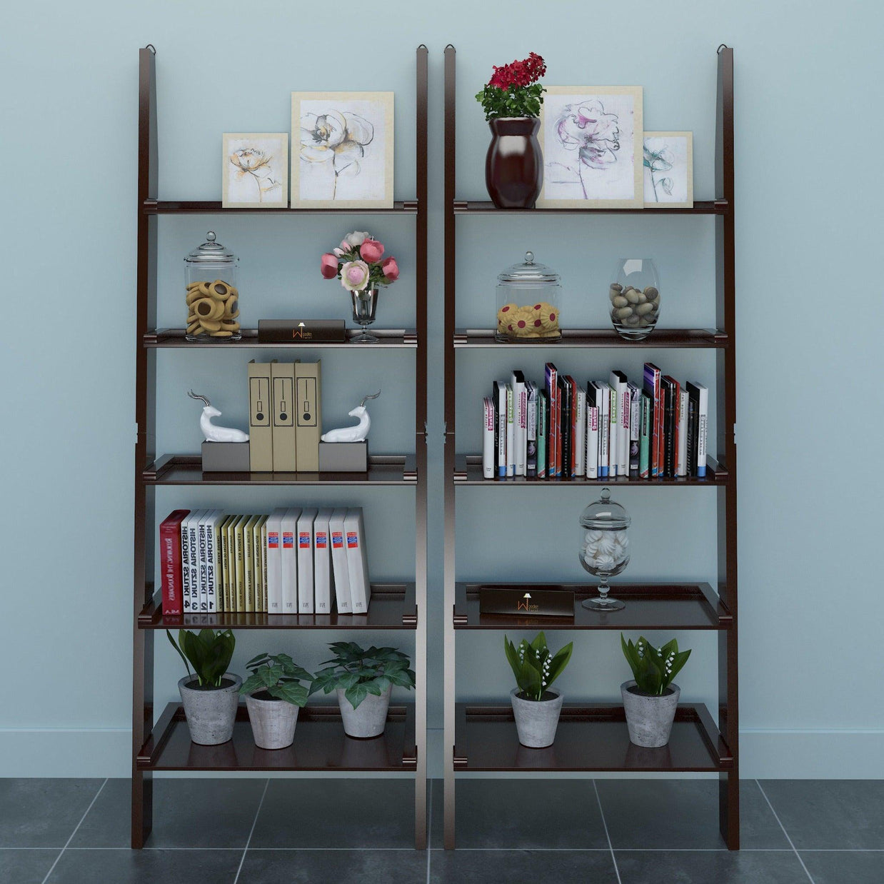 Leaning ladder shelf colour options black brown white yellow
