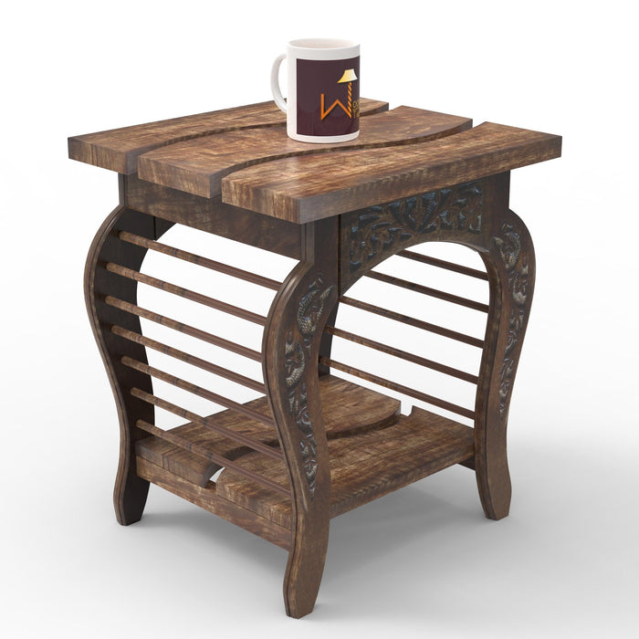 Wooden Twist Wavy Square Mango Wood End Table ( Brown ) - WoodenTwist