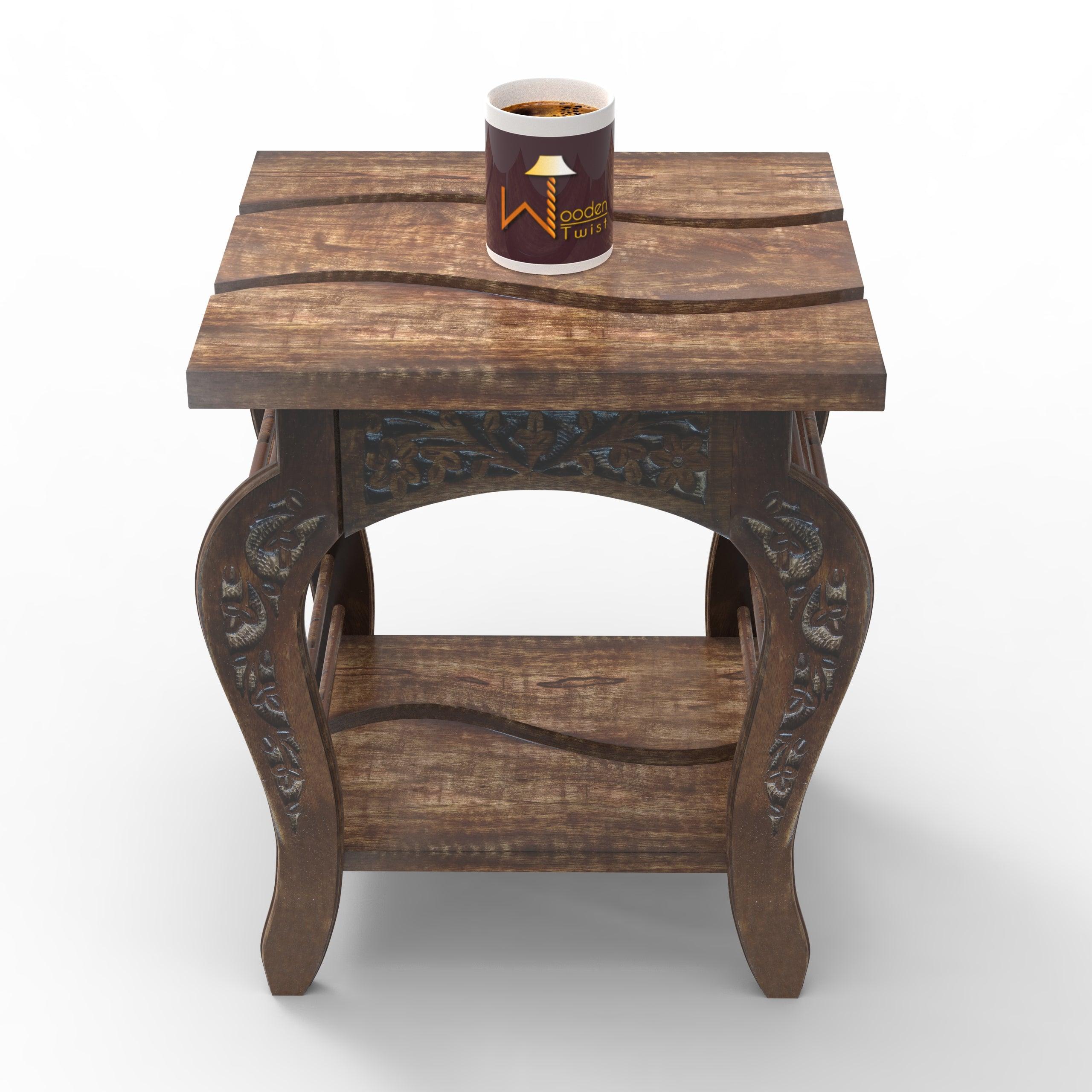 Wooden Twist Wavy Square Mango Wood End Table ( Brown ) - WoodenTwist