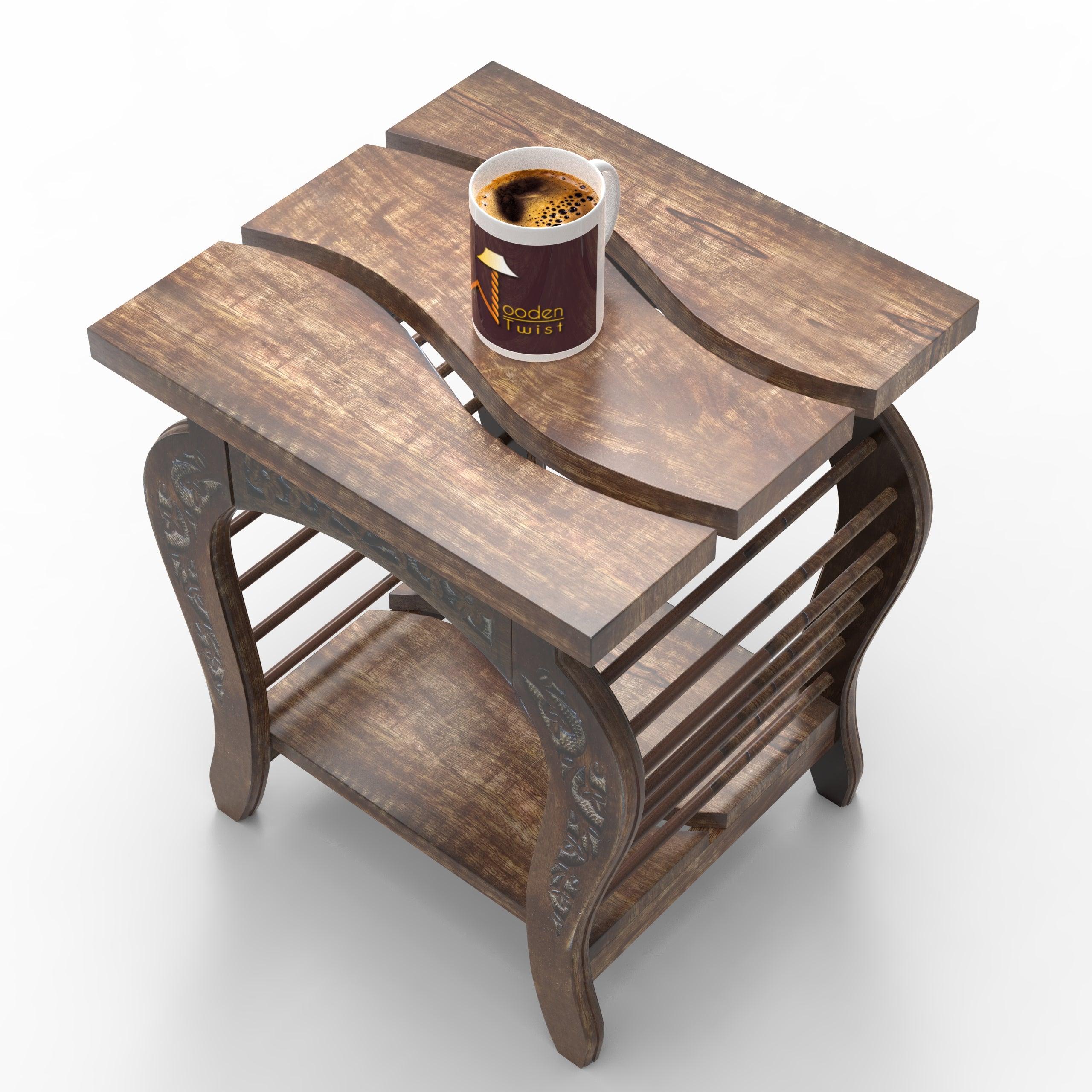 Wooden Twist Wavy Square Mango Wood End Table ( Brown ) - WoodenTwist