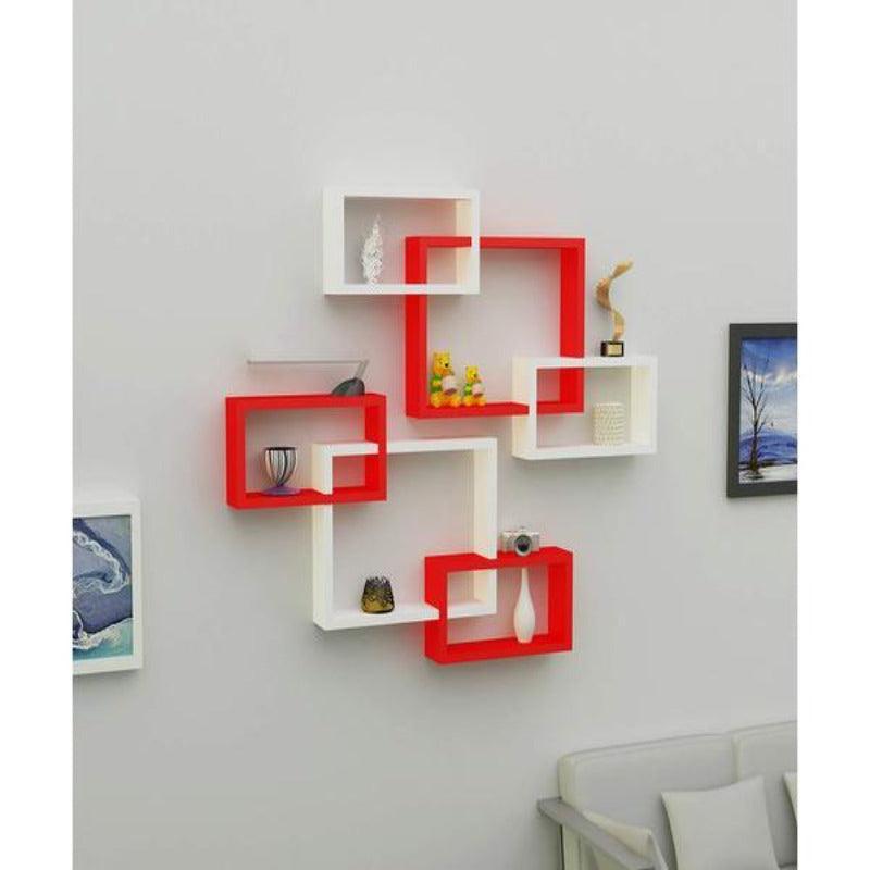 MDF Intersecting Wall Shelves (Set of 6) - Red & White - WoodenTwist
