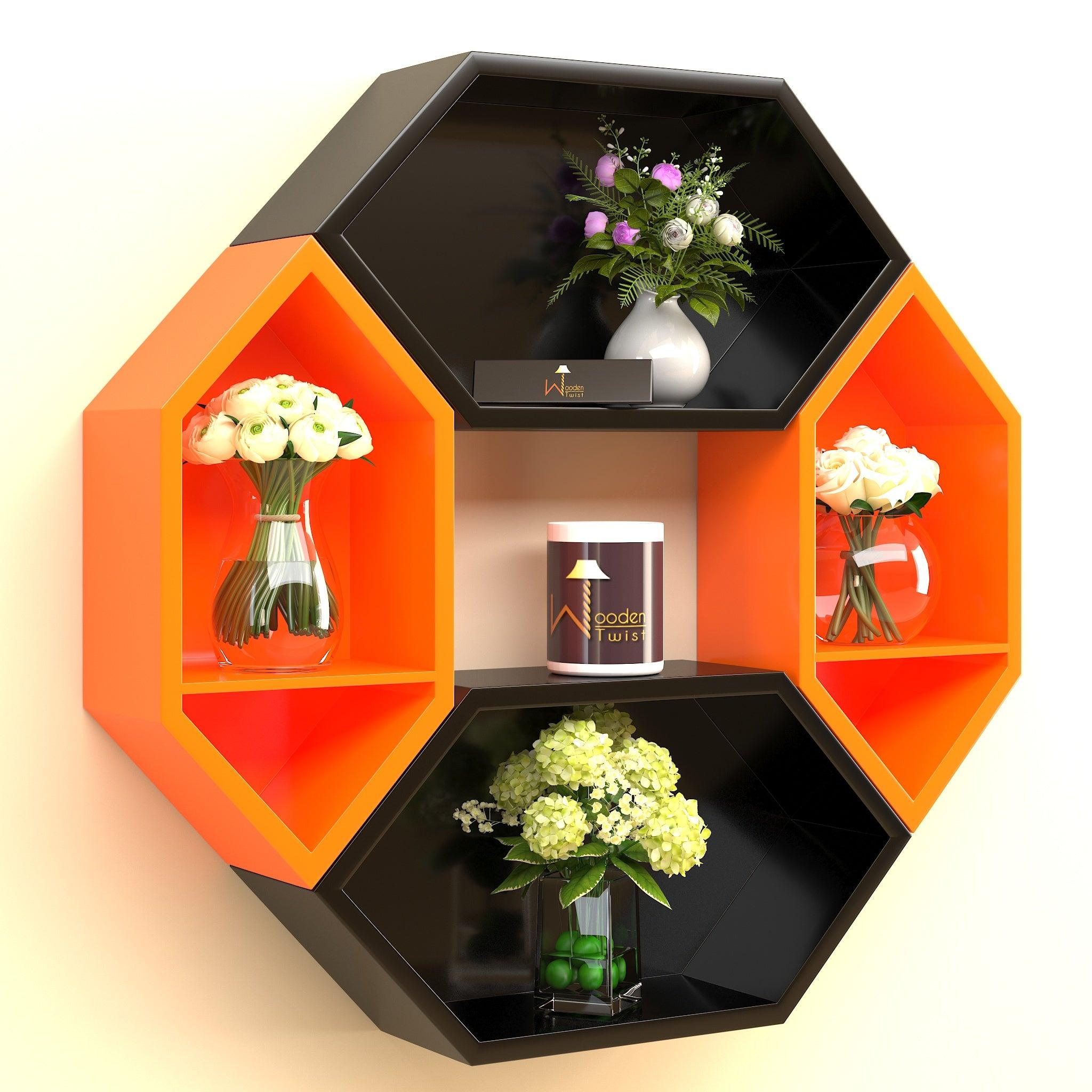 Wooden Pared Hexagon Floating Wall Shelf with 4 Shelves - WoodenTwist