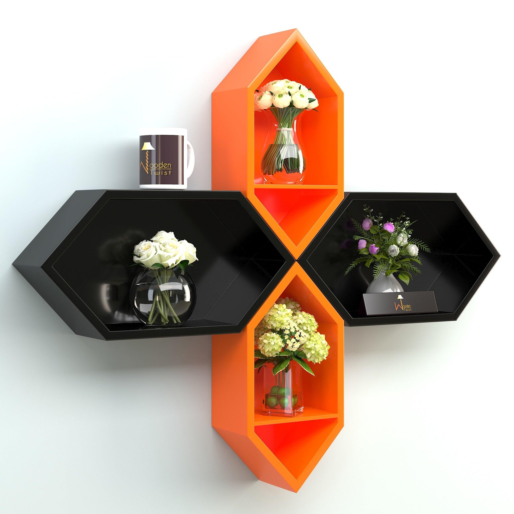 Wooden Pared Hexagon Floating Wall Shelf with 4 Shelves - WoodenTwist