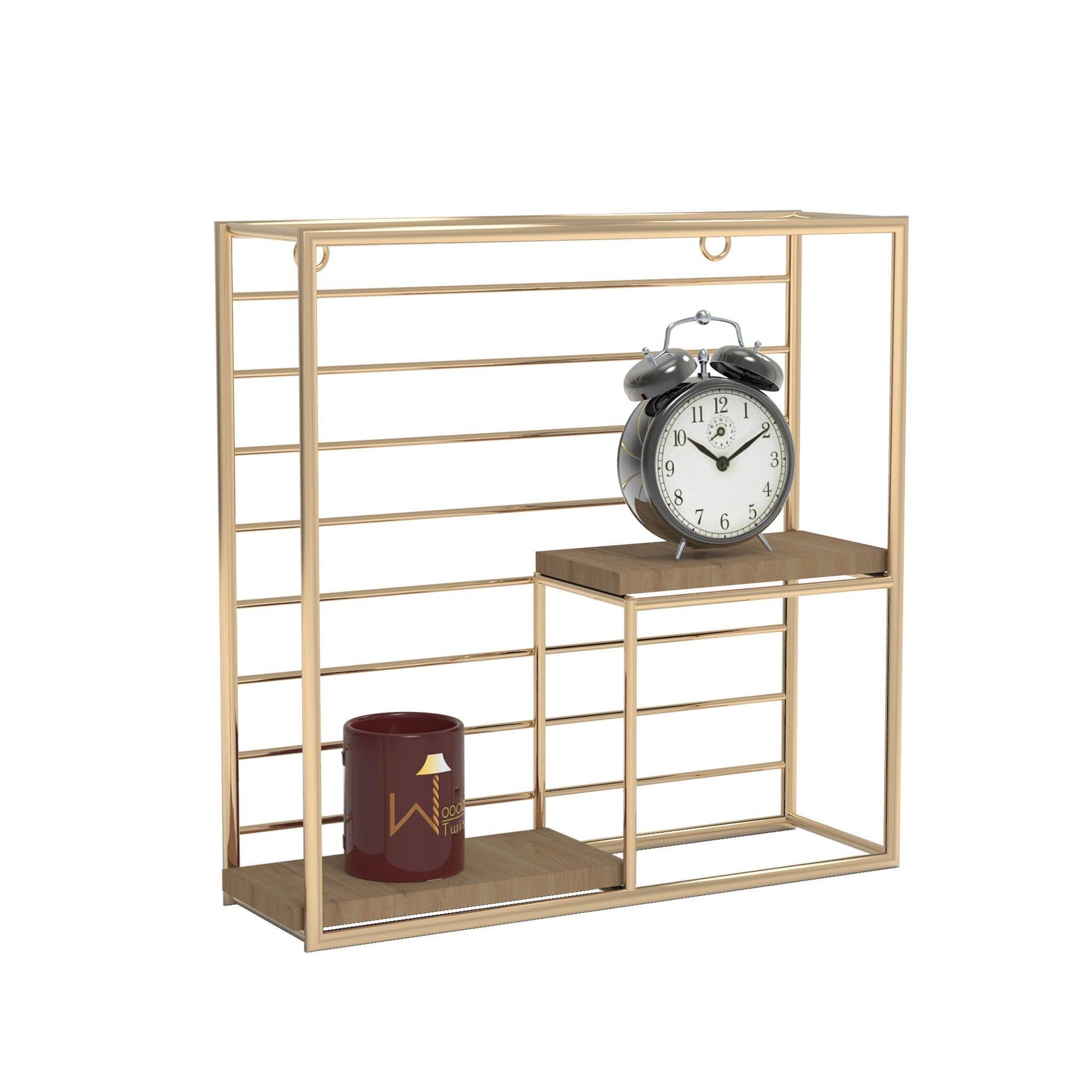 Square Metallic Twist Wooden Wall Shelf in Golden, front view