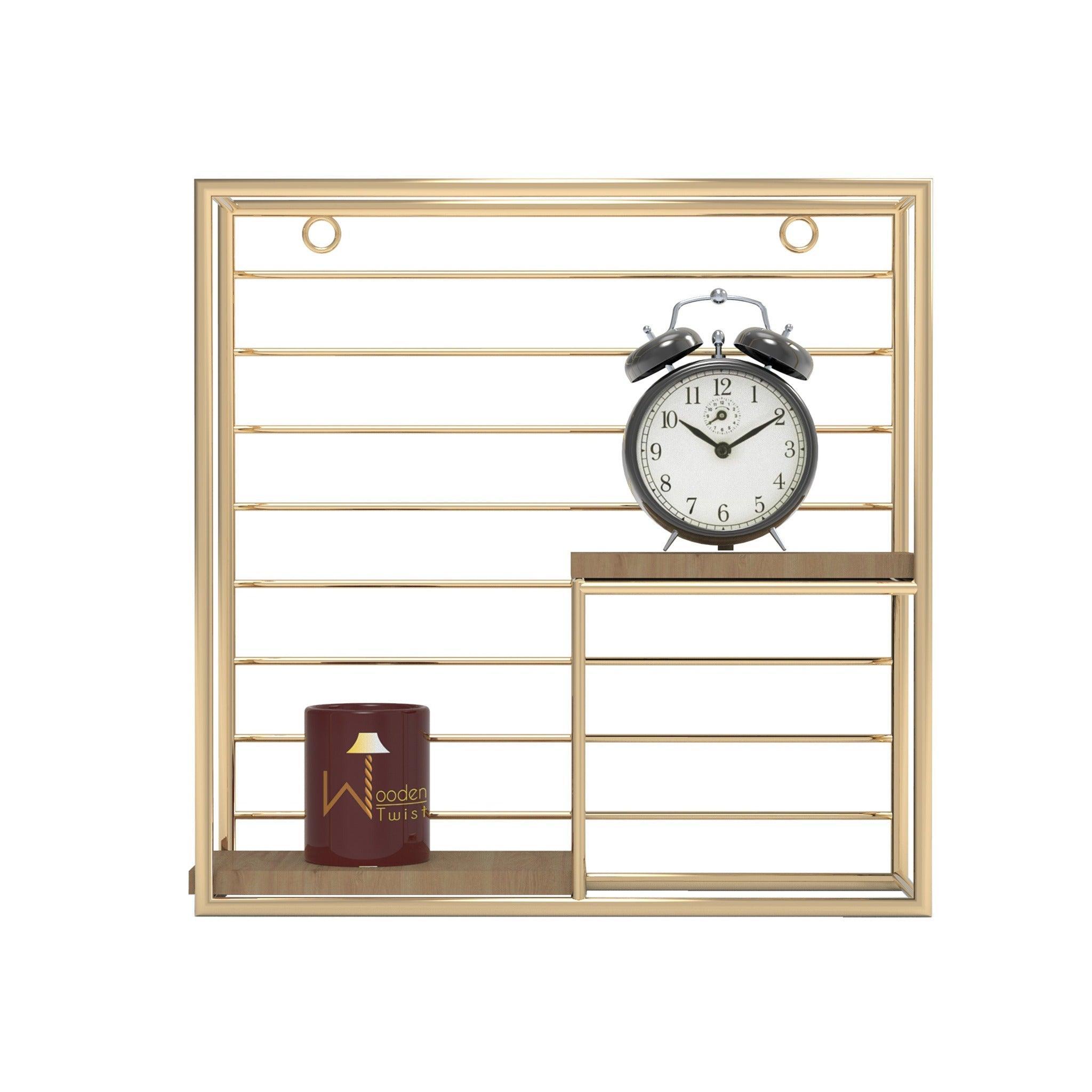 Square Metallic Twist Wooden Wall Shelf gold finish detail