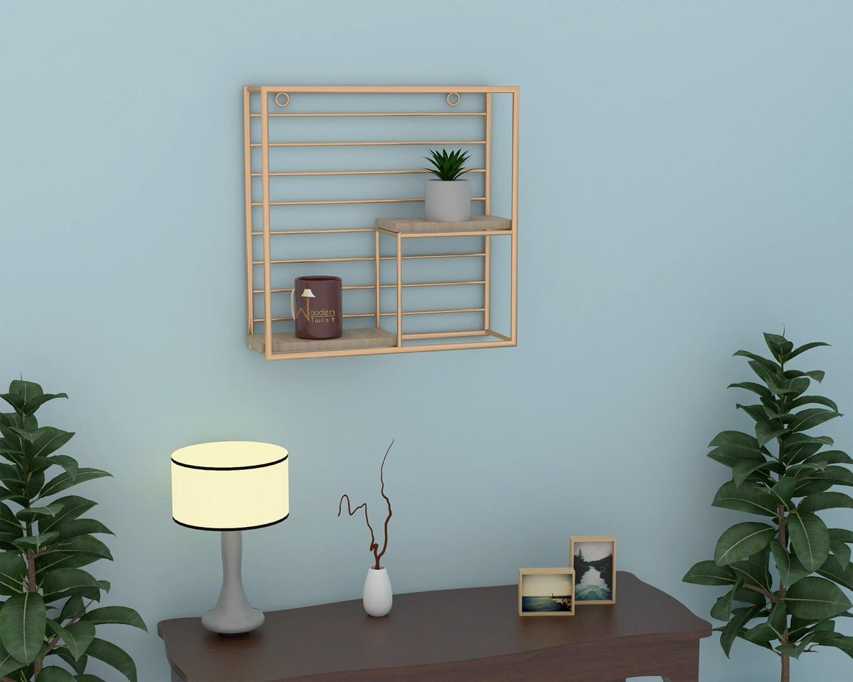 Square Metallic Twist Wooden Wall Shelf in Golden mounted on a wall