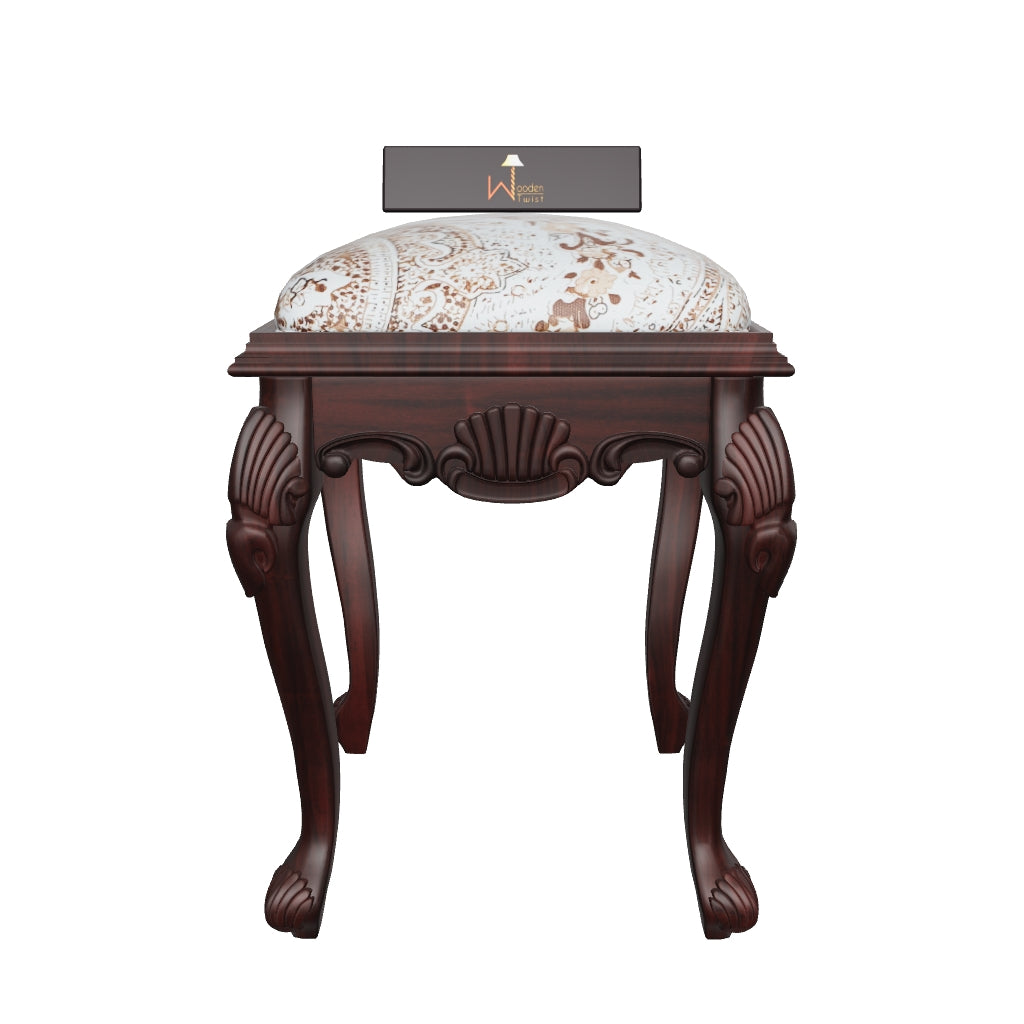 Elegant Hand Carved Teak Wood Stool in Premium Fabric