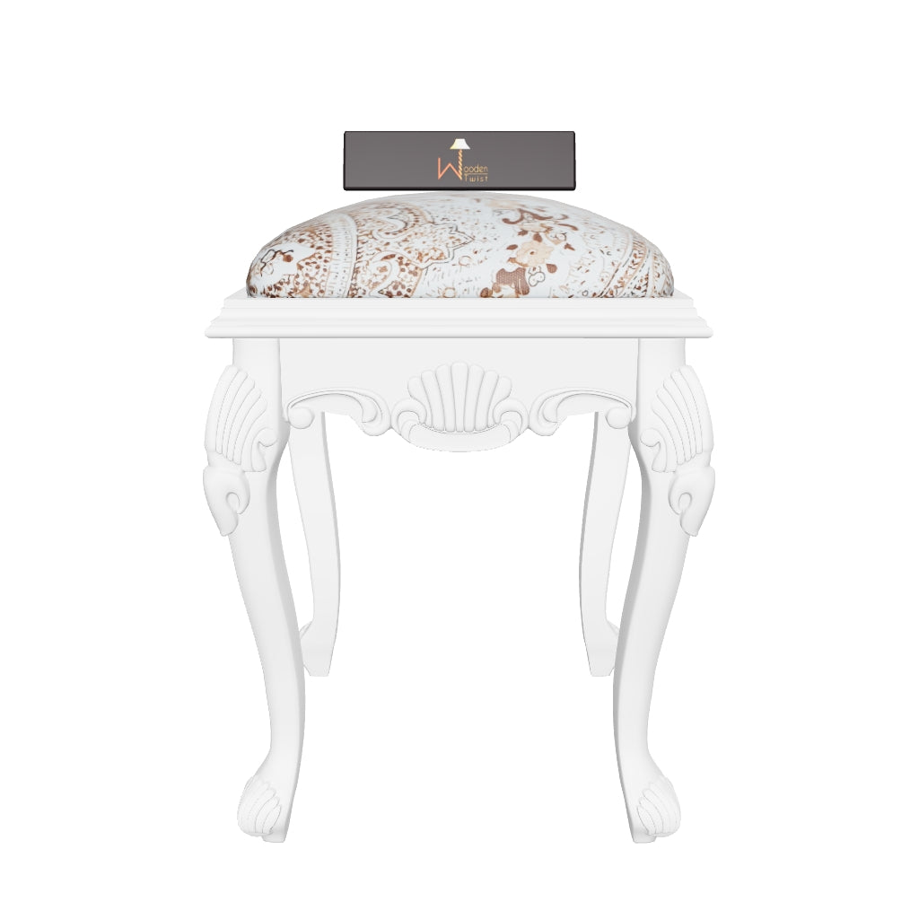 Elegant Hand Carved Teak Wood Stool in Premium Fabric