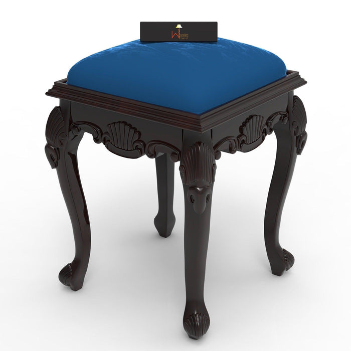 Hand Carved Teak Wood Premium Stool in Velvet Blue - WoodenTwist