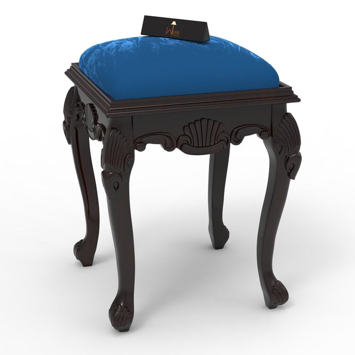 Hand Carved Teak Wood Premium Stool in Velvet Blue - WoodenTwist