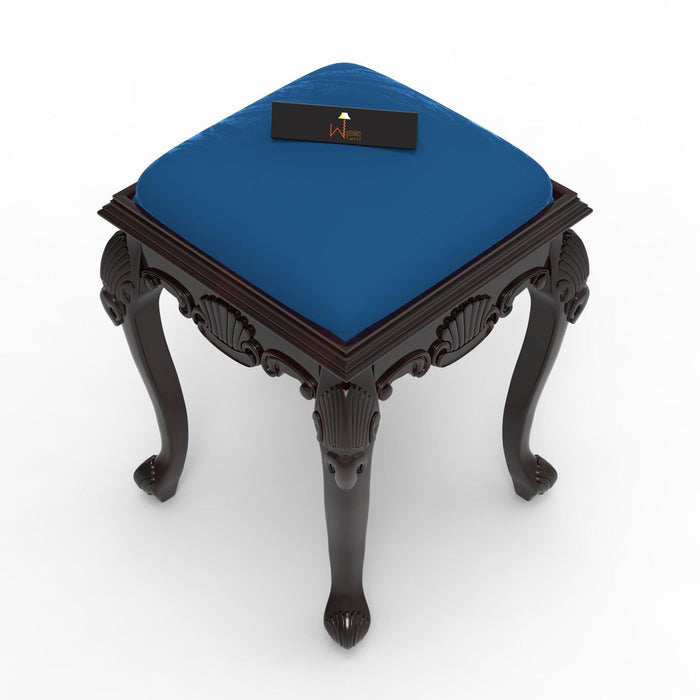 Hand Carved Teak Wood Premium Stool in Velvet Blue - WoodenTwist