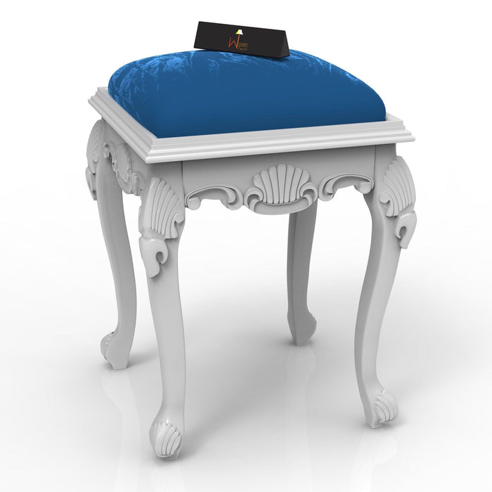 Hand Carved Teak Wood Premium Stool in Velvet Blue - WoodenTwist