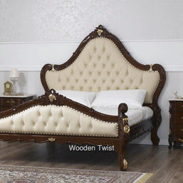 Teak Wood Queen Size Bed Hand Carved With Cushioned Design - WoodenTwist