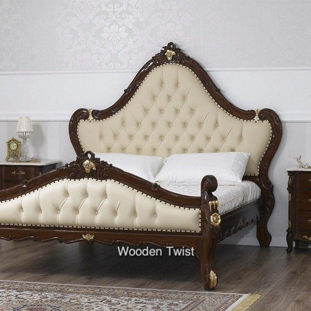 Teak Wood Queen Size Bed Hand Carved With Cushioned Design - WoodenTwist