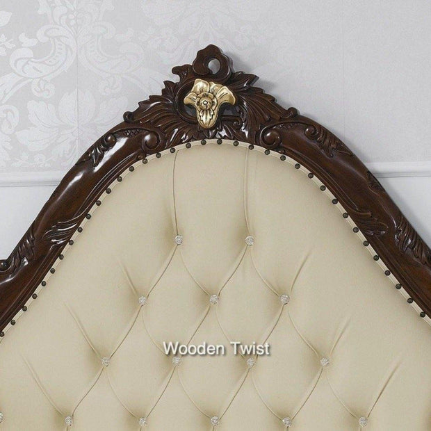 Teak Wood Queen Size Bed Hand Carved With Cushioned Design - WoodenTwist