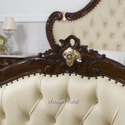 Teak Wood Queen Size Bed Hand Carved With Cushioned Design - WoodenTwist