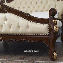 Teak Wood Queen Size Bed Hand Carved With Cushioned Design - WoodenTwist